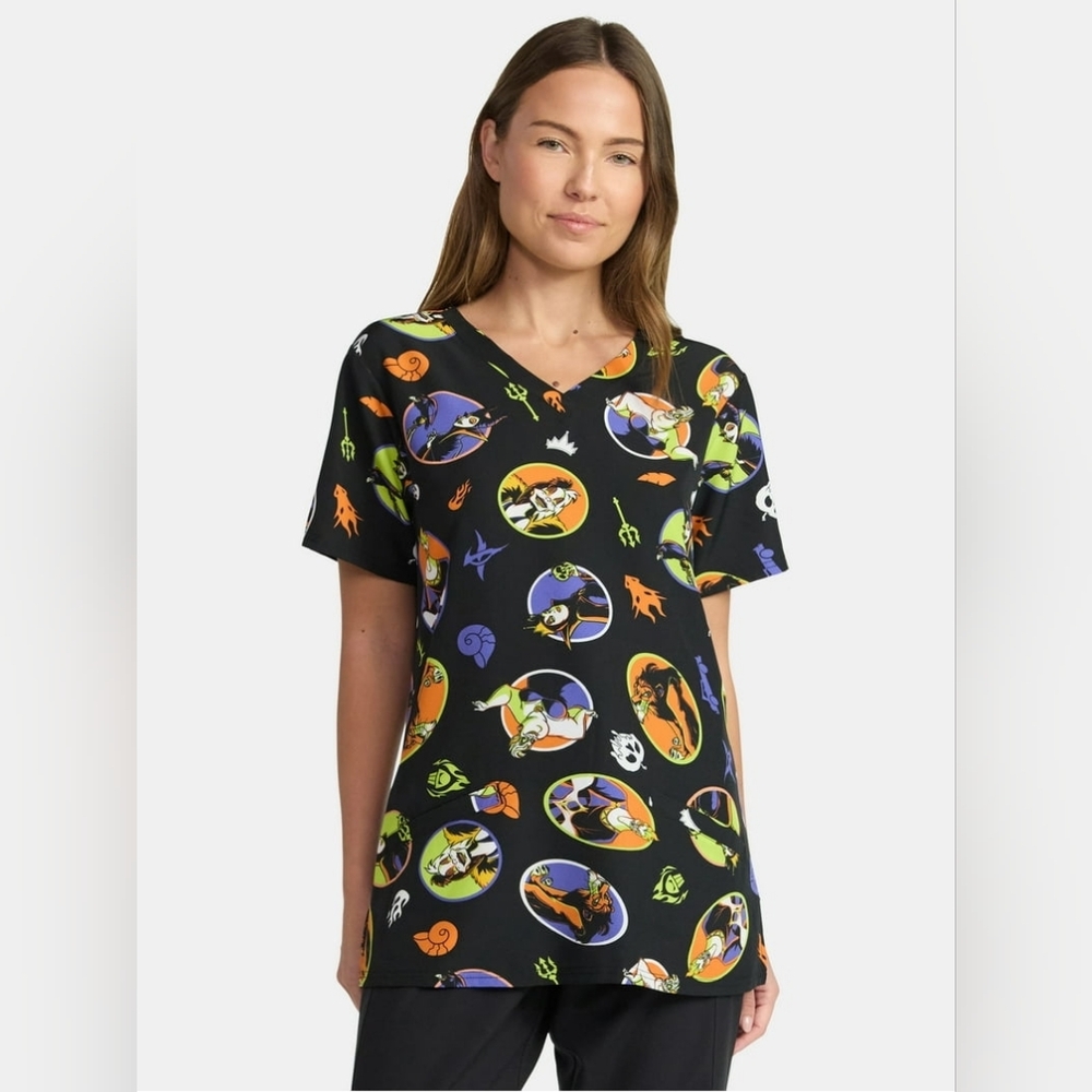 NWT Disney Villains Women's Scrub Top with Short Sleeves With Pockets Size Small